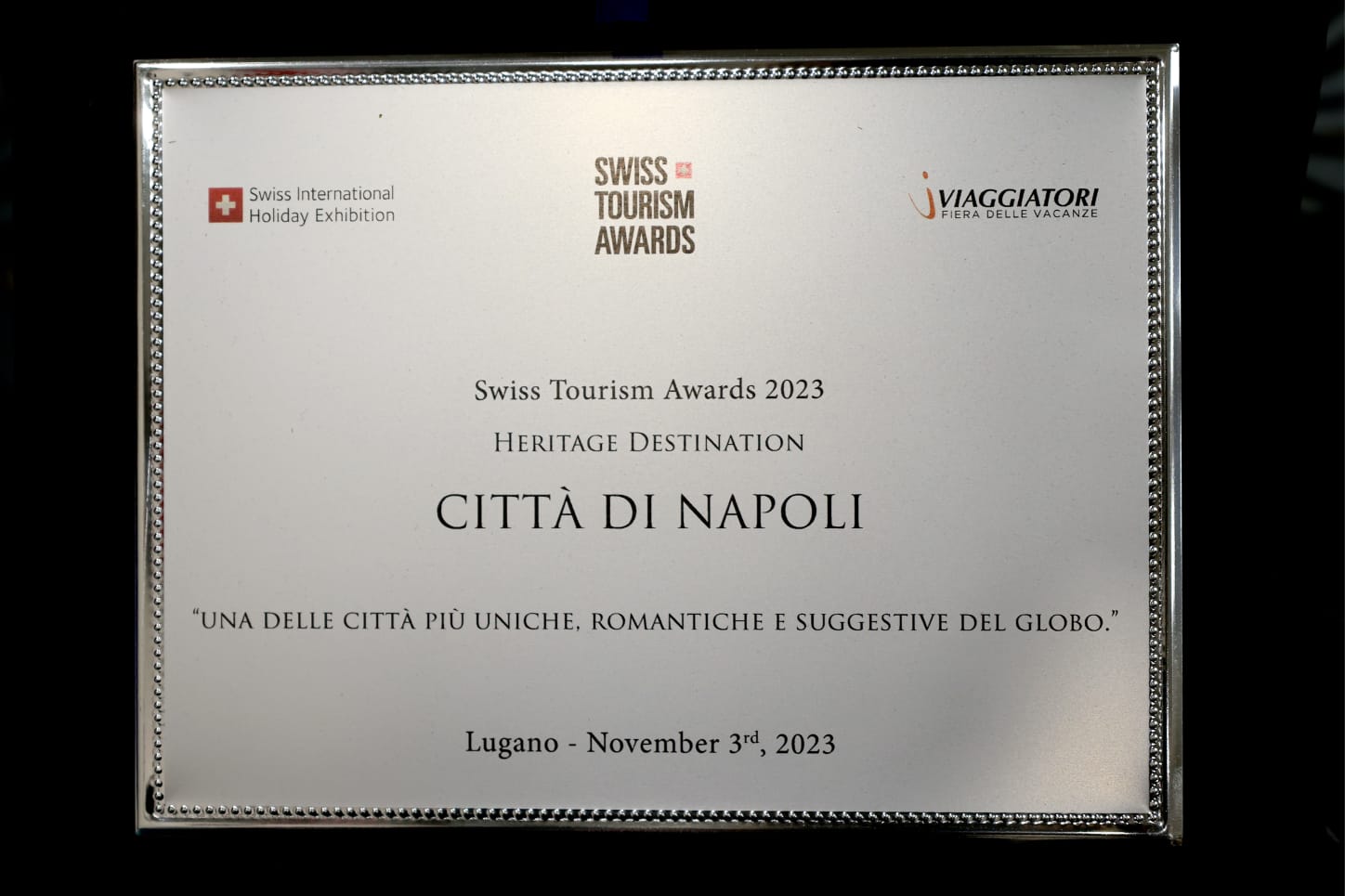 A Napoli il premio "Swiss Tourism Award 2023 Heritage Destination"